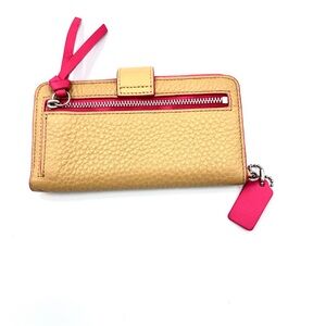 Coach Tan Pebble Leather Wallet With Bright Pink Accents and Interior